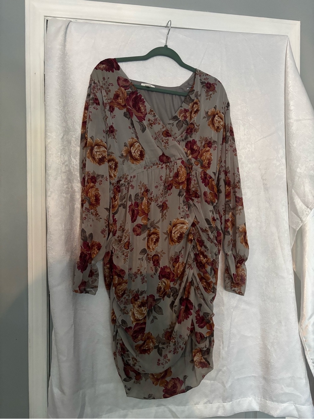 Maurices Taupe Floral Midi Dress with Rose and Burgundy Print Cottage - Picture 2 of 9
